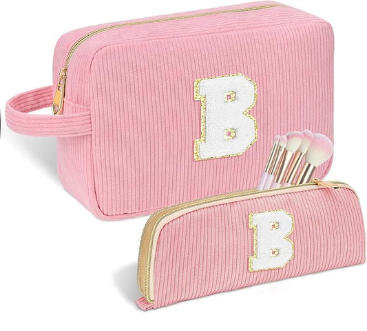 Personalized Initial Makeup Bag Trendy Stuff Corduroy Cosmetic Bag Travel Toiletry Bag for Women, Christmas/Thanksgiving/Halloween Gifts Makeup Organizer Case for Teen Girls Mom Girlfriend Wife - Pink