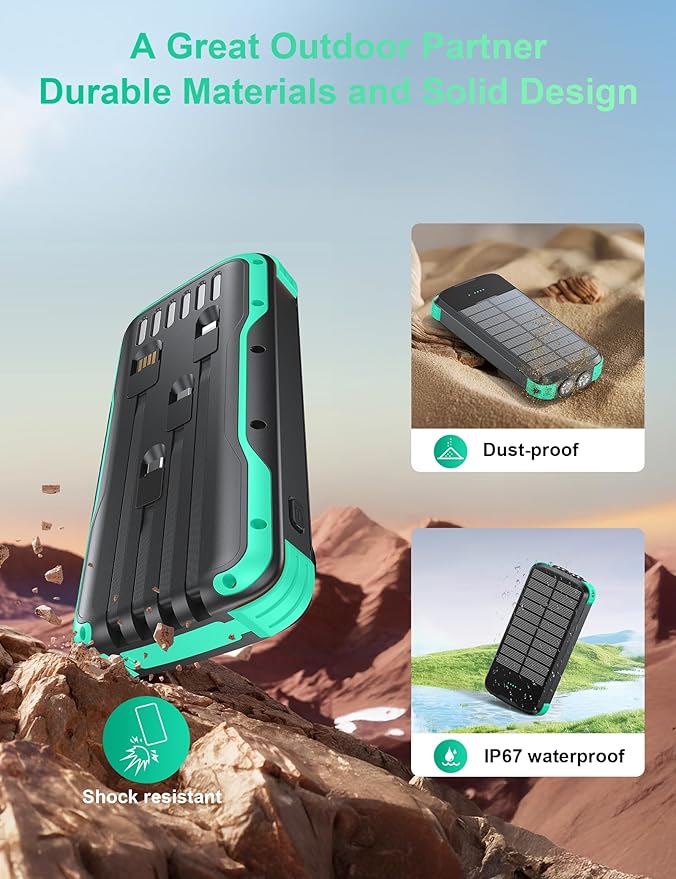 Solar Charger Power Bank, PD 20W Fast Charging External Batter, 40000mAh Portable Phone Charger Built in 4 Cables with Dual Bright Flashlights for Camping, Hiking, and Outdoor Use（Green）