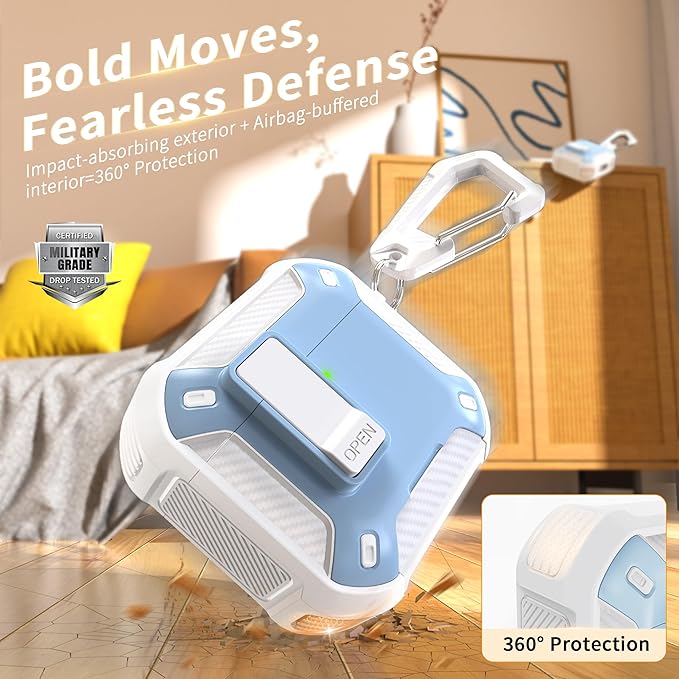 RFUNGUANGO Compatible AirPods 4th Generation Protective Case with Phone Holder and Compatible Back Magnetic Suction Function, Suitable for AirPods 4th Case-White + Blue