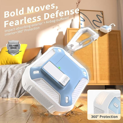 RFUNGUANGO Compatible AirPods 4th Generation Protective Case with Phone Holder and Compatible Back Magnetic Suction Function, Suitable for AirPods 4th Case-White + Blue