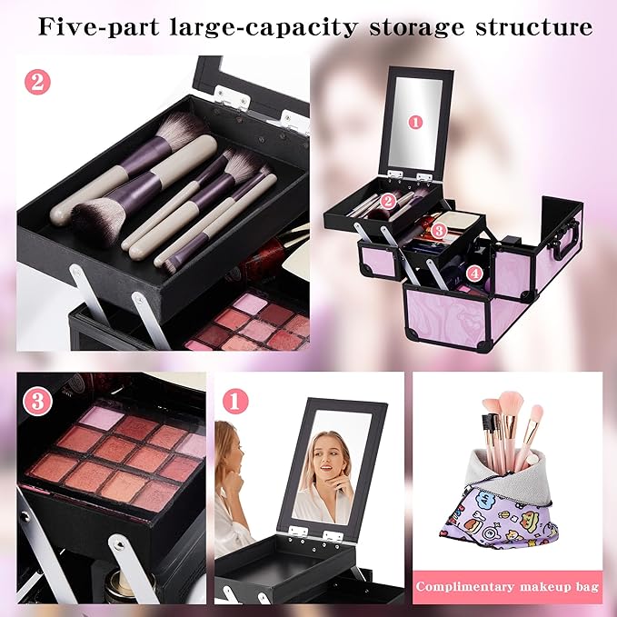 Makeup Train Case, Portable Makeup Case with Mirror, 2-Trays Cosmetic Organizer Case,Nail Polish Organizer, Travel Makeup Box, Profesional for Salon Barber, Pattern Black Pink
