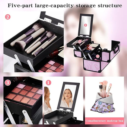Makeup Train Case, Portable Makeup Case with Mirror, 2-Trays Cosmetic Organizer Case,Nail Polish Organizer, Travel Makeup Box, Profesional for Salon Barber, Pattern Black Pink