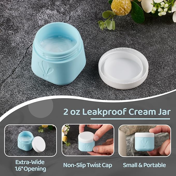 INSFIT 8 Pack Silicone Travel Bottles & Cream Jars with Toiletry Bag, 3oz Leakproof Containers & 2oz Jars with Waterproof Labels, BPA-Free Squeezable Toiletries Set for Shampoo, Lotion, Cosmetics