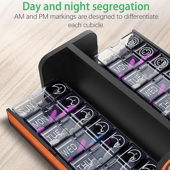 7-Day AM/PM Pill Organizer with Scratch-Resistant Leather Case - Portable Weekly Travel Medicine Box with Detachable Daily Pods & Privacy Design (Bright Orange)