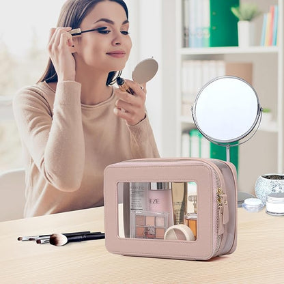 Pinkmik Clear Makeup Bag with Brush Case Travel Toiletry Bag Waterproof Cosmetic Organizer Car Essentials for Women (Pink, M+SLIM-1)