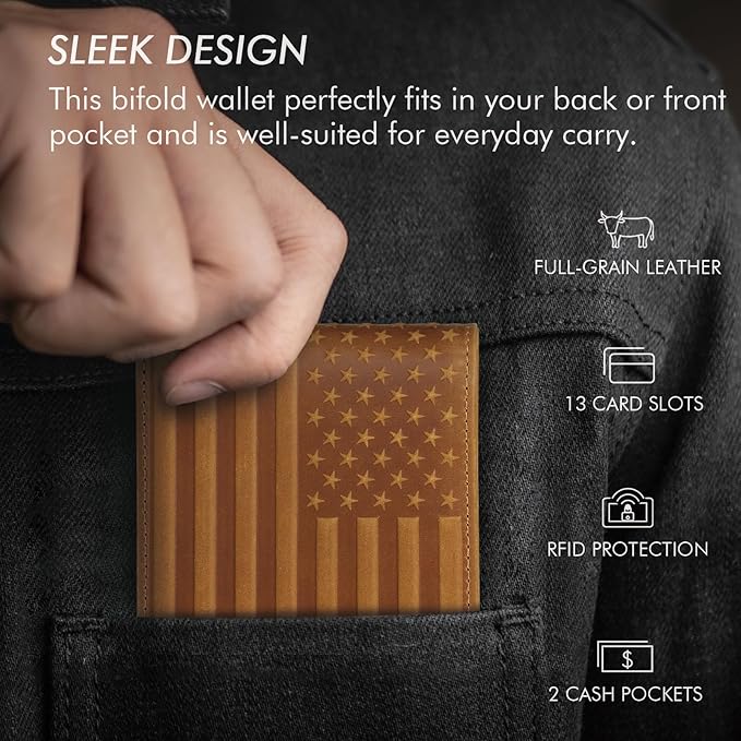 Full Grain Leather Wallet for Men, RFID Blocking, Mens Wallet Bifold with 2 ID Windows, Billfold with 13 Card Slots, Leather Gift for Men, American Flag Wallet Brown