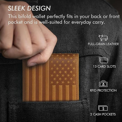 Full Grain Leather Wallet for Men, RFID Blocking, Mens Wallet Bifold with 2 ID Windows, Billfold with 13 Card Slots, Leather Gift for Men, American Flag Wallet Brown