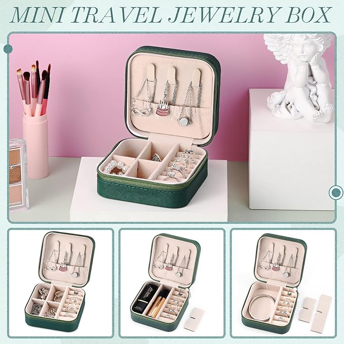 Yinkin 12 Pcs Mini Travel Jewelry Case Bridesmaid Proposal Gift Boxes, Small PU Leather Earring Organizer, Bulk Travel Accessories Portable Jewelry Holder(Green)