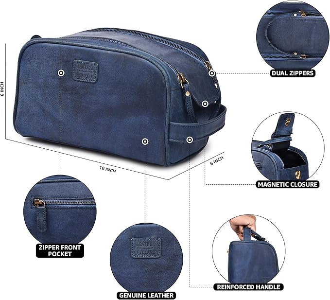 LEATHER VILLAGE Premium Leather Toiletry Travel Pouch With Waterproof Lining - Blue | King-Size Handcrafted Vintage Dopp Kit Bag, Shaving & Bathroom Organizer, Gift for Men & Women