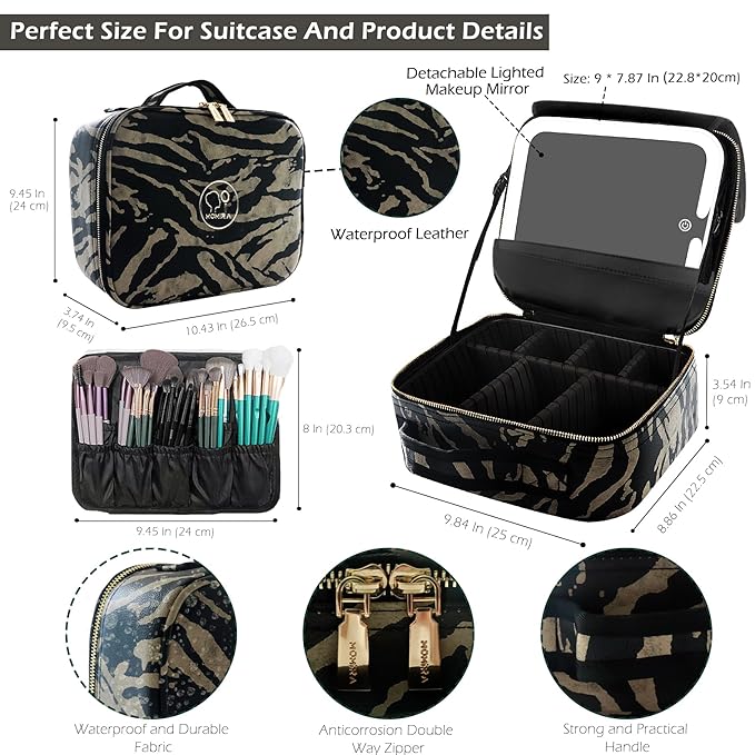 MOMIRA Travel Makeup Bag Cosmetic Bag with Lighted Mirror, Adjustable Brightness in 3 Color Scenarios, Waterproof, 10x Magnifying Mirror, Rotatable Independent Light Mirror- Zebra-Beige