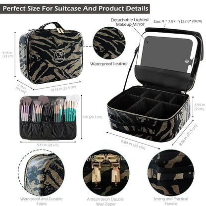 MOMIRA Travel Makeup Bag Cosmetic Bag with Lighted Mirror, Adjustable Brightness in 3 Color Scenarios, Waterproof, 10x Magnifying Mirror, Rotatable Independent Light Mirror- Zebra-Beige