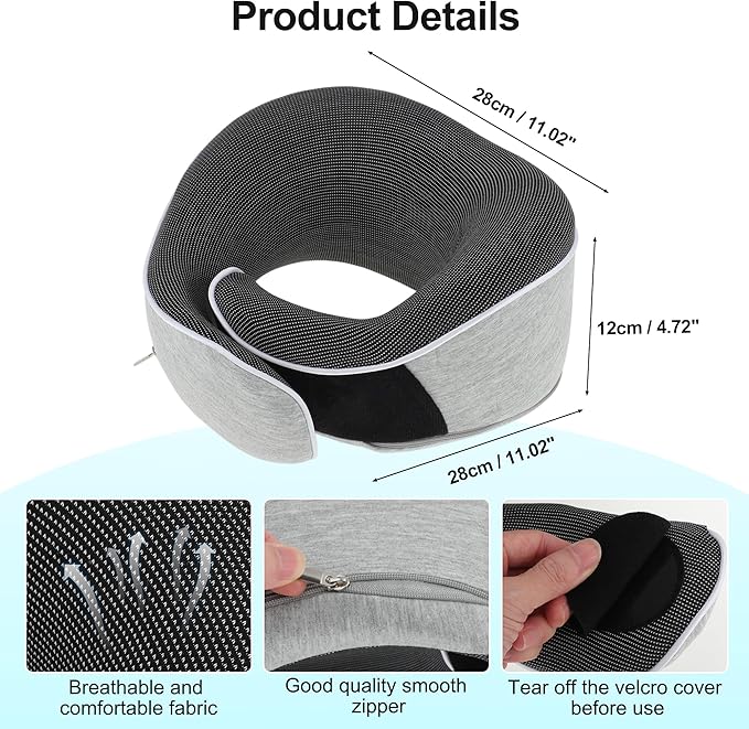 VOCOSTE Neck Pillow for Airplane Travel, Ergonomic Memory Foam Support for Long Flights, with Eye Mask & Earplugs, Home & Office Nap, Gifts for Frequent Flyer, Light Gray