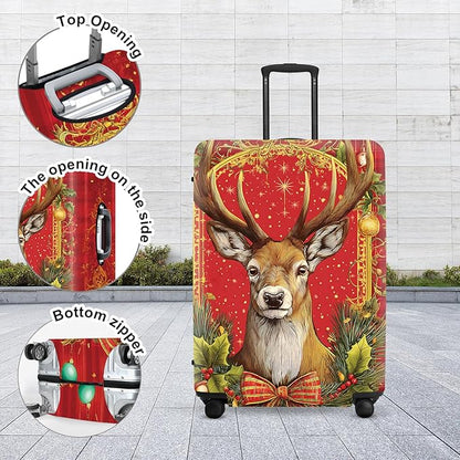 Vintage Plaid Christmas Luggage Cover - Red Tartan with Golden Deer and Holly, Classic Stretchable Suitcase Cover 32 34 Inch