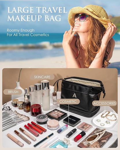 Travel Essentials for Friends Female Mom, Personalized Makeup Bag, Double Layer Cosmetic Bag with Makeup Brush Organizer, Waterproof, Large Capacity PU Leather Toiletry Bag Customized Gifts