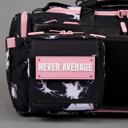WOLFpak Ultimate 40L Gym & Travel Duffle Bag | Heavy-Duty Gear Bag w/Durable Waterproof 1000D Oxford Material | Hard Shell Base, Laptop Sleeve, Custom Patch Options | (Black Lightning Knockout Pink)