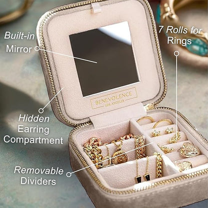 Benevolence LA Plush Velvet Jewelry Box | Travel Jewelry Case Organizer with Mirror | Featured in Oprah's Favorite Things | Best Gifts For Daughter, Girlfriend, Mom | Gifts For Her - Champagne