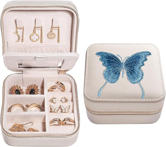 S.Leaf Travel Jewelry Organizer Boxes for Women Small Portable Necklace Earrings Bracelet Rings Travel Case Best Friend Birthday Gifts for Women Trendy (Butterfly_Beige_Blue)