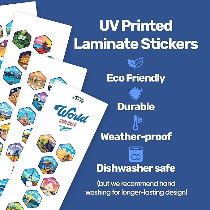 LET'S WANDER World Water Bottle with 2 Sets of 50 Waterproof Stickers - 32oz Leakproof Insulated Stainless Steel with Straw - Travel Gift Bottle (Arctic White)