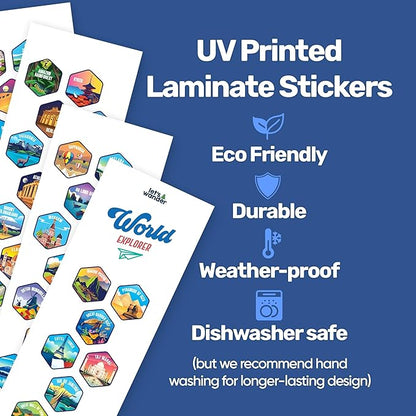 LET'S WANDER World Water Bottle with 2 Sets of 50 Waterproof Stickers - 32oz Leakproof Insulated Stainless Steel with Straw - Travel Gift Bottle (Arctic White)