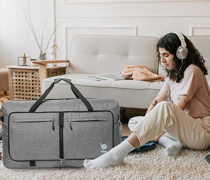Bago Big XXL Foldable Duffel Bags for Traveling Women & Men - 140L Packable Duffle Bag for Travel with Shoe Compartment - Water Repellant, Heavy Duty, Lightweight Folding & Collapsible (SnowGray)
