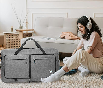 Bago Big XXL Foldable Duffel Bags for Traveling Women & Men - 140L Packable Duffle Bag for Travel with Shoe Compartment - Water Repellant, Heavy Duty, Lightweight Folding & Collapsible (SnowGray)