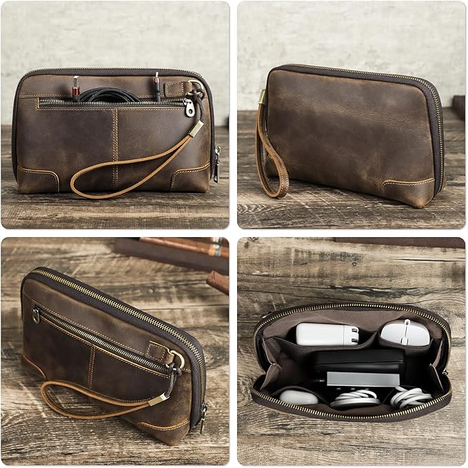 Electronic Organizer Zipper Bag Tech Pouch, Top Grain Leather Handmade, Portable Compact Travel Storage Cases Fits Apple Accessories, Phone, USB Cables, Power Banks, Chargers, Hard Drive