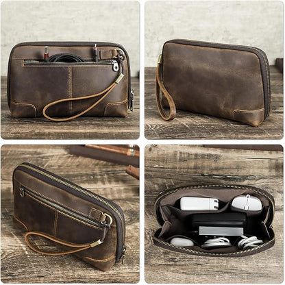 Top Grain Leather Text Custom Electronic Organizer Zipper Bag Tech Pouch, Handmade, Portable Compact Travel Storage Cases for Phone, USB Cables, Power Banks, Chargers, Hard Drive