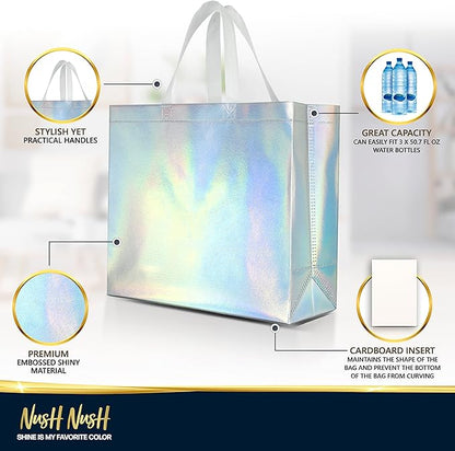 Nush Nush Iridescent Large Gift Bags Bulk - Set of 30 Holographic Reusable Gift Bags with Handles - Ideal Goodie Bag for Small Business, Parties and Events, Christmas Gifts - 13x5x11 Size