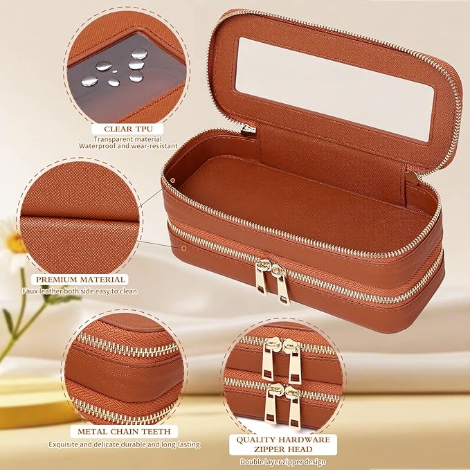 Pinkmik Double Layer Makeup Bag Makeup Brush Case Waterproof Travel Cosmetic & Toiletry Bag Purse Organizer and Car Essentials for Women (X/Brown, Double SLIM)