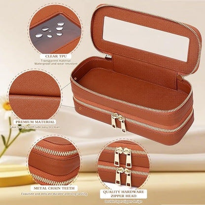 Pinkmik Double Layer Makeup Bag Makeup Brush Case Waterproof Travel Cosmetic & Toiletry Bag Purse Organizer and Car Essentials for Women (X/Brown, Double SLIM)