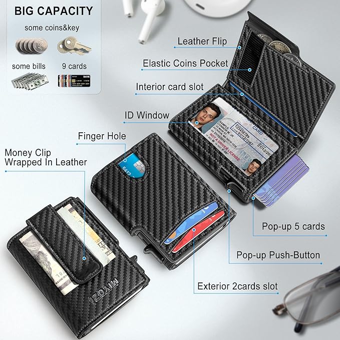 Men Wallet,with Money Clip Coins Pocket ID Window,Slim Front Pocket RFID Blocking Pop-up Card Holder 3.9"x 2.7", Gift Boxed