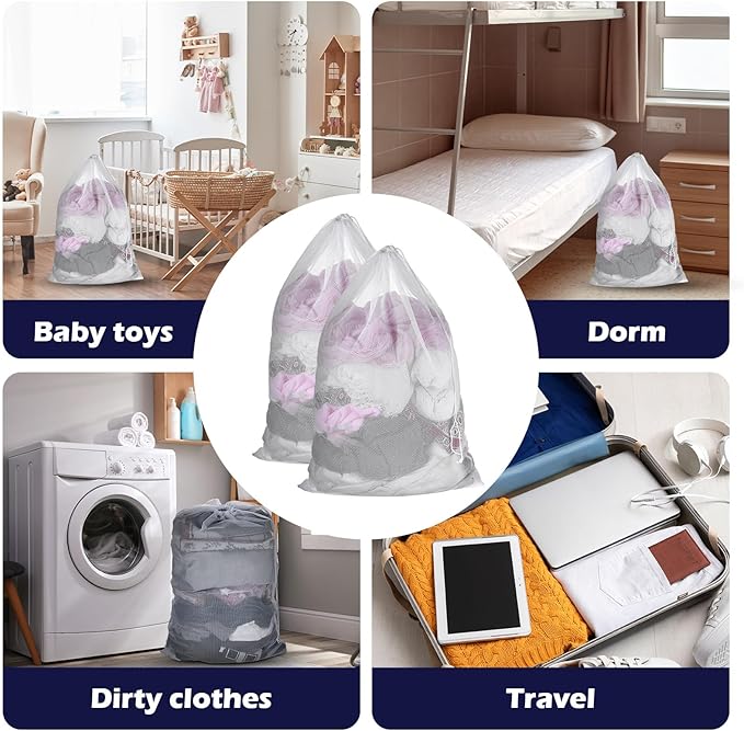 6 Pack Mesh Drawstring Laundry Bag 24" X 36" Mesh Laundry Bags Large for Washing Machine, Sturdy White Net Laundrys Bag for Factory, University, Dormitory, Travel and Apartment Dweller