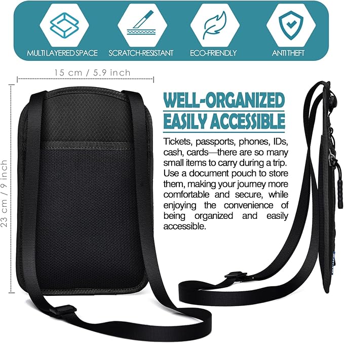 RFID Blocking Travel Neck Wallet–Hidden Passport Holder & Anti-Theft Money Pouch for Men & Women, Lightweight Concealed Travel Organizer with Adjustable Strap Secure Document