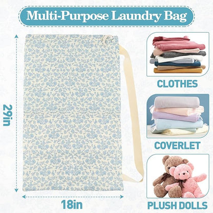 College Laundry Bag, Dirty Clothes Laundry Bag With Drawstring Handles For College Dorm Laundromat Apartment Travel Camp 29" X 18" Women Girls Back To School Birthdays Gift, Blue Florals