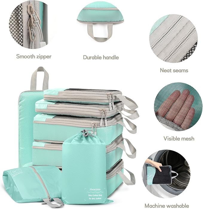 Compression Packing Cubes 8 Set, Dual Zipper Compression Packing Cubes for Travel, See-Through Mesh Packing Bags for Suitcases, packing cubes with shoe bag