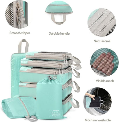 Compression Packing Cubes 8 Set, Dual Zipper Compression Packing Cubes for Travel, See-Through Mesh Packing Bags for Suitcases, packing cubes with shoe bag