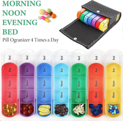 LIZIMANDU Weekly Travel Pill Case Box Medication Reminder Daily AM PM, 7 Compartments, 4 Times A Day, 7 Days a Week - Includes Leather PU Carrying Case (1-Weave Black)