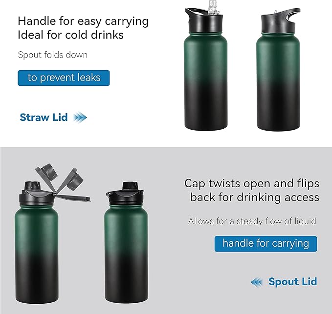 VEGOND 32 oz Insulated Water Bottle Bulk Stainless Steel Metal Water Bottles with Leak Proof Straw Lid & Spout Lid, Wide Mouth Double Walled Vacuum Travel Sports Bottle, 8 Pack