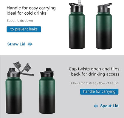 VEGOND 32 oz Insulated Water Bottle Bulk Stainless Steel Metal Water Bottles with Leak Proof Straw Lid & Spout Lid, Wide Mouth Double Walled Vacuum Travel Sports Bottle, 8 Pack