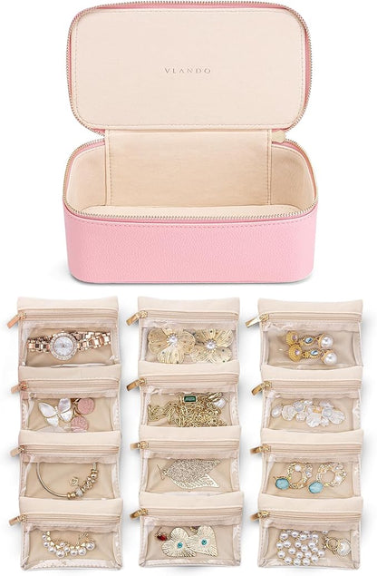 Vlando Jewelry Travel Case with 12 Velvet Jewelry Bags Travel Jewelry Orgainzer for Girls Jewelry Box for Necklace Rings Earrings Bags Christmas Gifts for Women Girls(Pink)