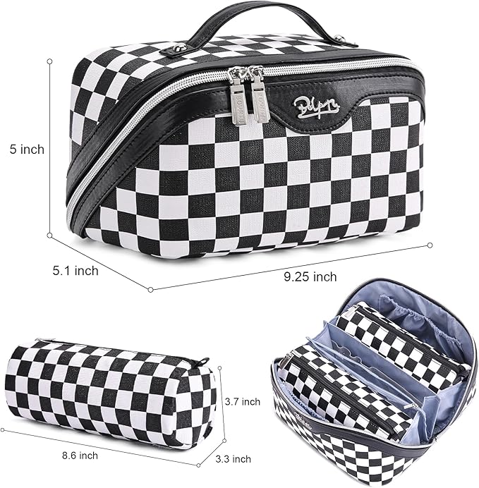 BOYATU Travel Makeup Bag Cosmetic Bags for Women: Large Make up Bags Set of 3 - Portable Makeup Organizer with Compartments&Handle&Divider - Waterproof PU Leather Toiletry Bag(A-5-Checkered Mix Black)
