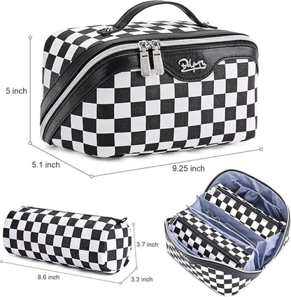 BOYATU Travel Makeup Bag Cosmetic Bags for Women: Large Make up Bags Set of 3 - Portable Makeup Organizer with Compartments&Handle&Divider - Waterproof PU Leather Toiletry Bag(A-5-Checkered Mix Black)