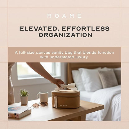 Roame Everyday Vanity Bag – Elegant Canvas Cosmetic Travel Bag with Zipper, Spacious Toiletry Organizer & Makeup Pouch for Women – Stylish Daily Companion for Life at Home or On-the-Go