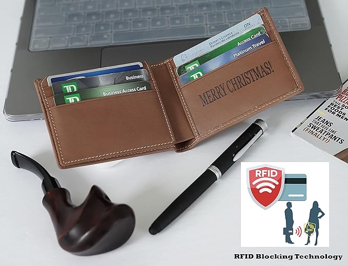 Custom Wallets For Men, Personalized Gifts For Men, Personalized Wallet For Men, Customized Engraved Full Grain Leather with RFID Blocking, Custom Gifts, Customized Wallets For Fathers Day, (Brown)