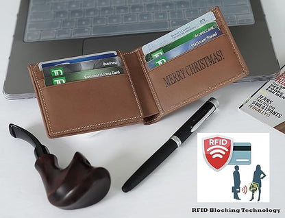 Custom Wallets For Men, Personalized Gifts For Men, Personalized Wallet For Men, Customized Engraved Full Grain Leather with RFID Blocking, Custom Gifts, Customized Wallets For Fathers Day, (Brown)