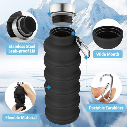 Collapsible Water Bottle,16oz Capacity Portable Reusable Silicone Water Bottle,Leak-proof,with buckle,foldable storage,Lightweight Durable for Fitness,Cycling,Sports,Camping,Hiking (Pink+Pink)