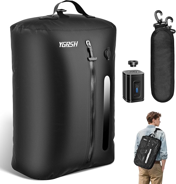 36L Vacuum Bags for Travel, Waterproof Compression Bags with Wireless Lockable Pump, Reusable Vacuum Packing Cubes Compatible with Suitcase, Luggage, Backpack (1PC + Pump + Shoulder Strap)