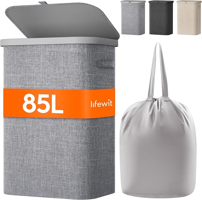 Lifewit 85L Laundry Basket with Lid, Large Laundry Hamper with Plastic Handles and Removable Bag, Foldable Tall Dirty Clothes Hampers for Laundry for Laundry Room, Bedroom, Bathroom, Dorm, Light Gray