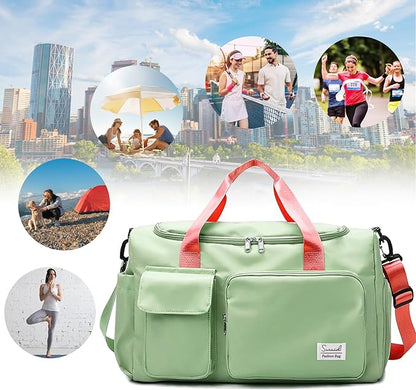 Travel Duffel Bag with Shoes Compartment Sports Gym Bag with Dry Wet Separated Pocket for Men and Women, Overnight Bag Weekender Bag Training Handbag Yoga Bag - Bright Green Pink