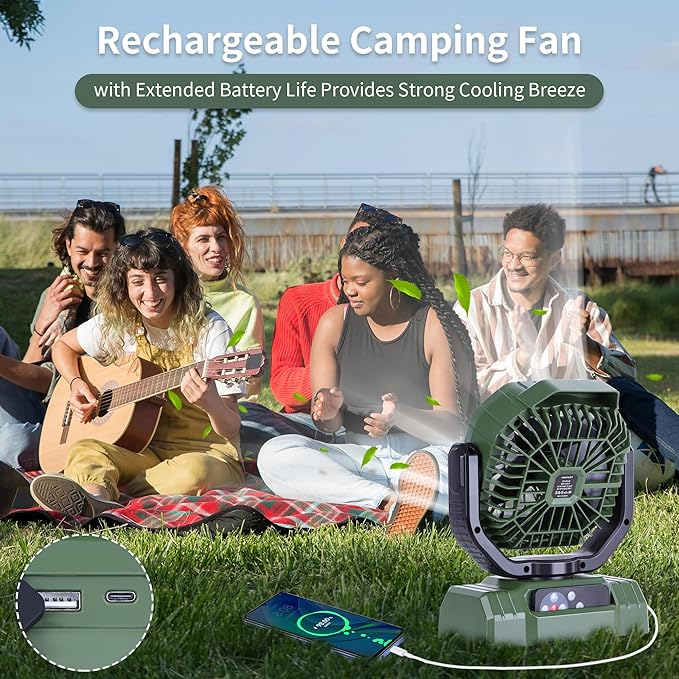AVV 20000mAh High Speed Portable Camping Rechargeable Fan with Remote Control, Battery Powered with Auto Oscillating with Camping Essentials Accessories for Outdoor, Beach, Patio, Tent, Green